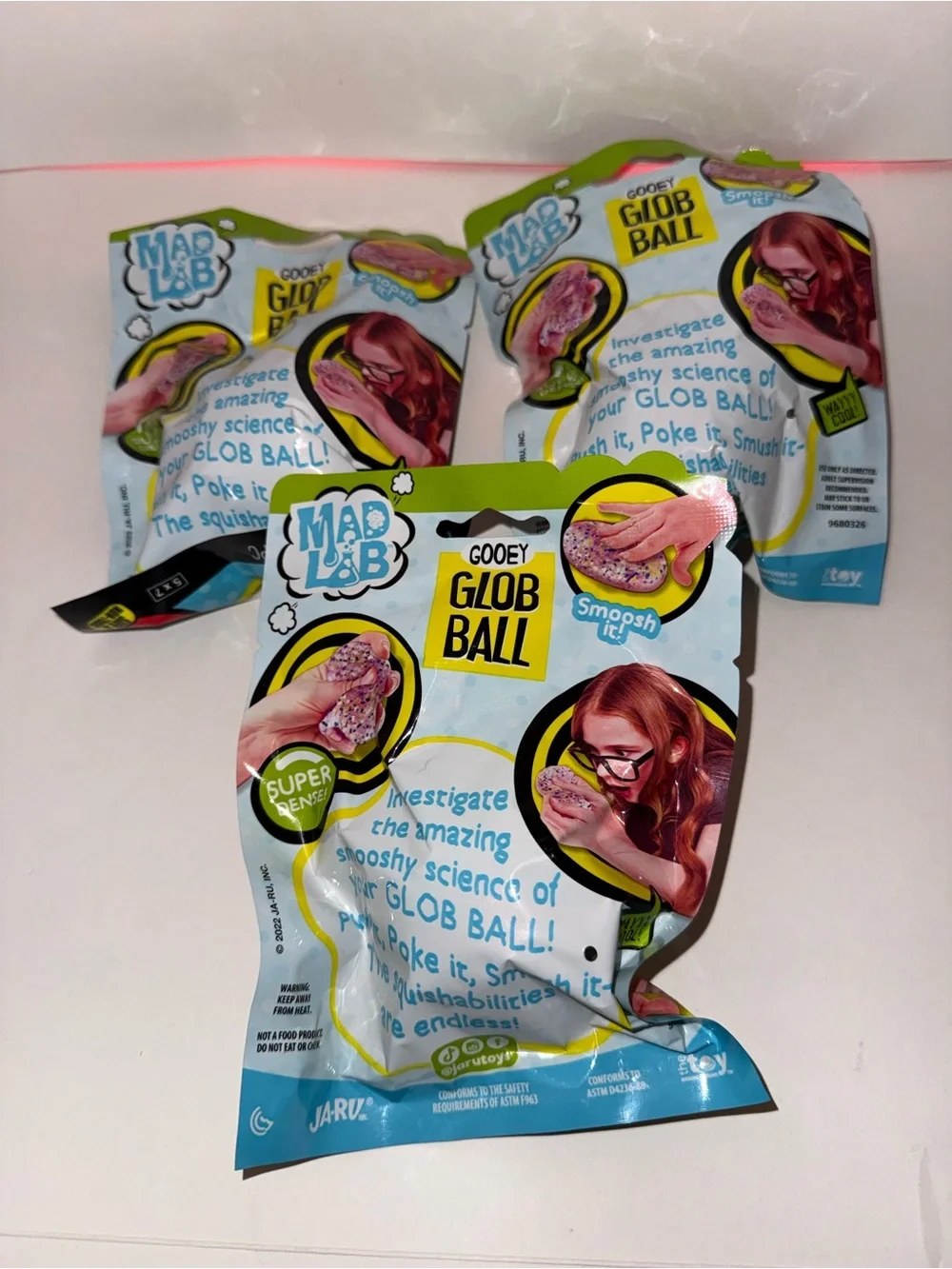 3x Ja-Ru Mad Lab Gooey Glob Ball Fidget Squishy Toy Yellow Blue Pink NEW